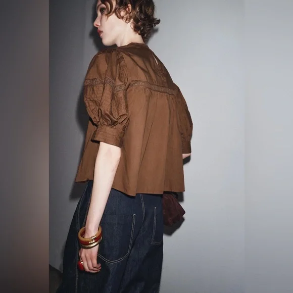 NWT ZARA Lace Puff Sleeve Blouse - Picture 3 of 10